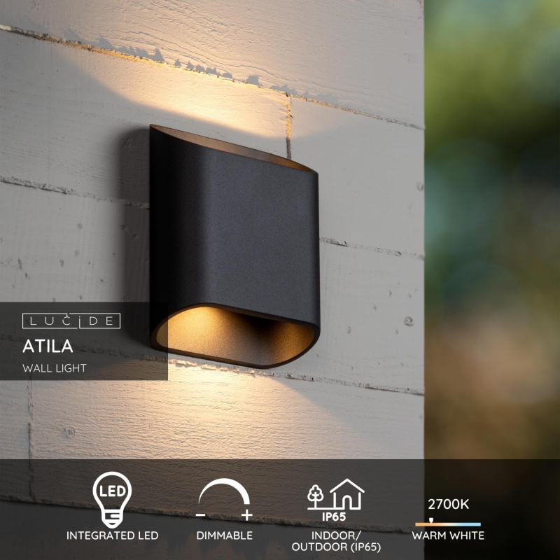 Lucide ATILA - Nástenné svietidlo Indoor/Outdoor - LED Dim. - 2x5W 2700K - IP65 - Čierna